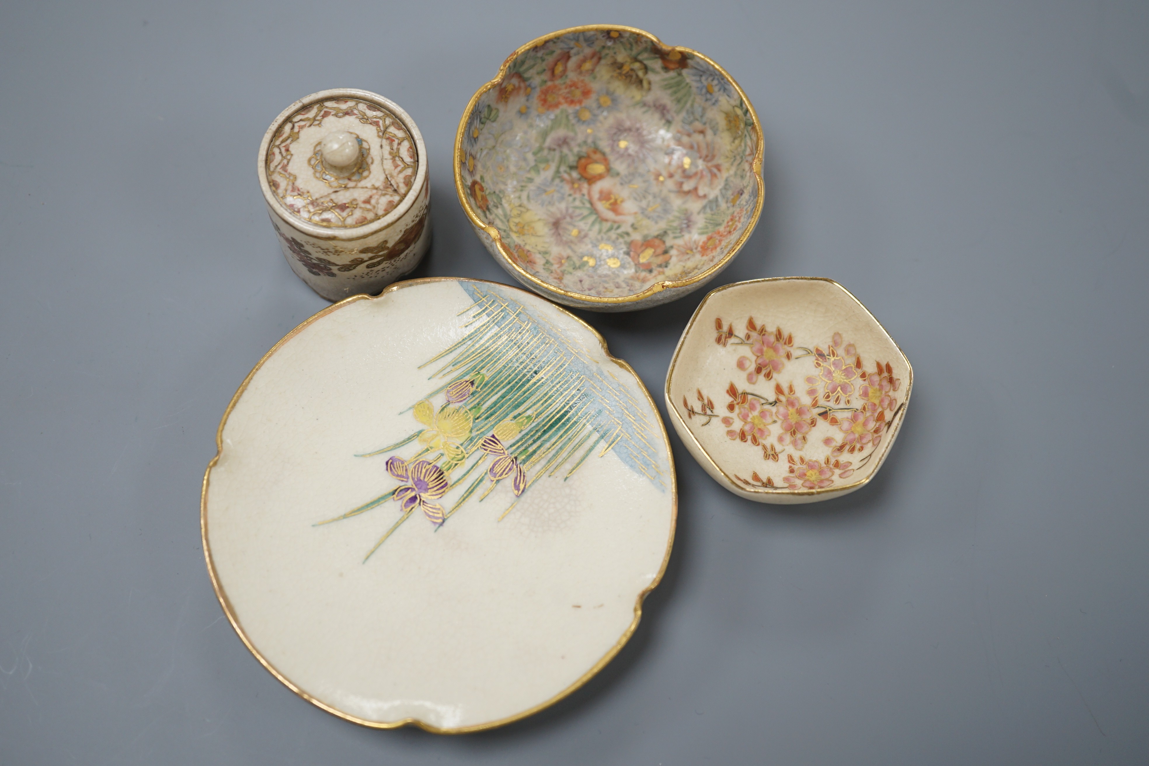 A group of small and miniature Satsuma pottery vases, koros and covers and dishes, late 19th/early 20th century, 3cm - 12cm